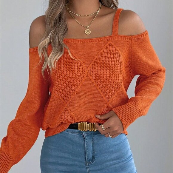Orange Casual Women's Plaid Print Open Shoulder Long Sleeve Pullover Sweater - Picture 3 of 5
